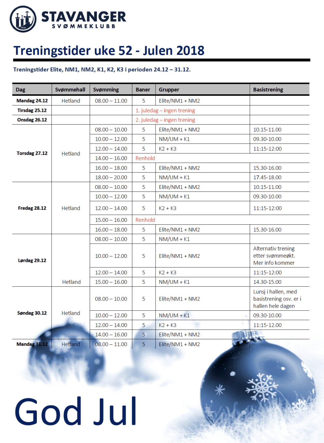 ssk treningstider romjulen 2018